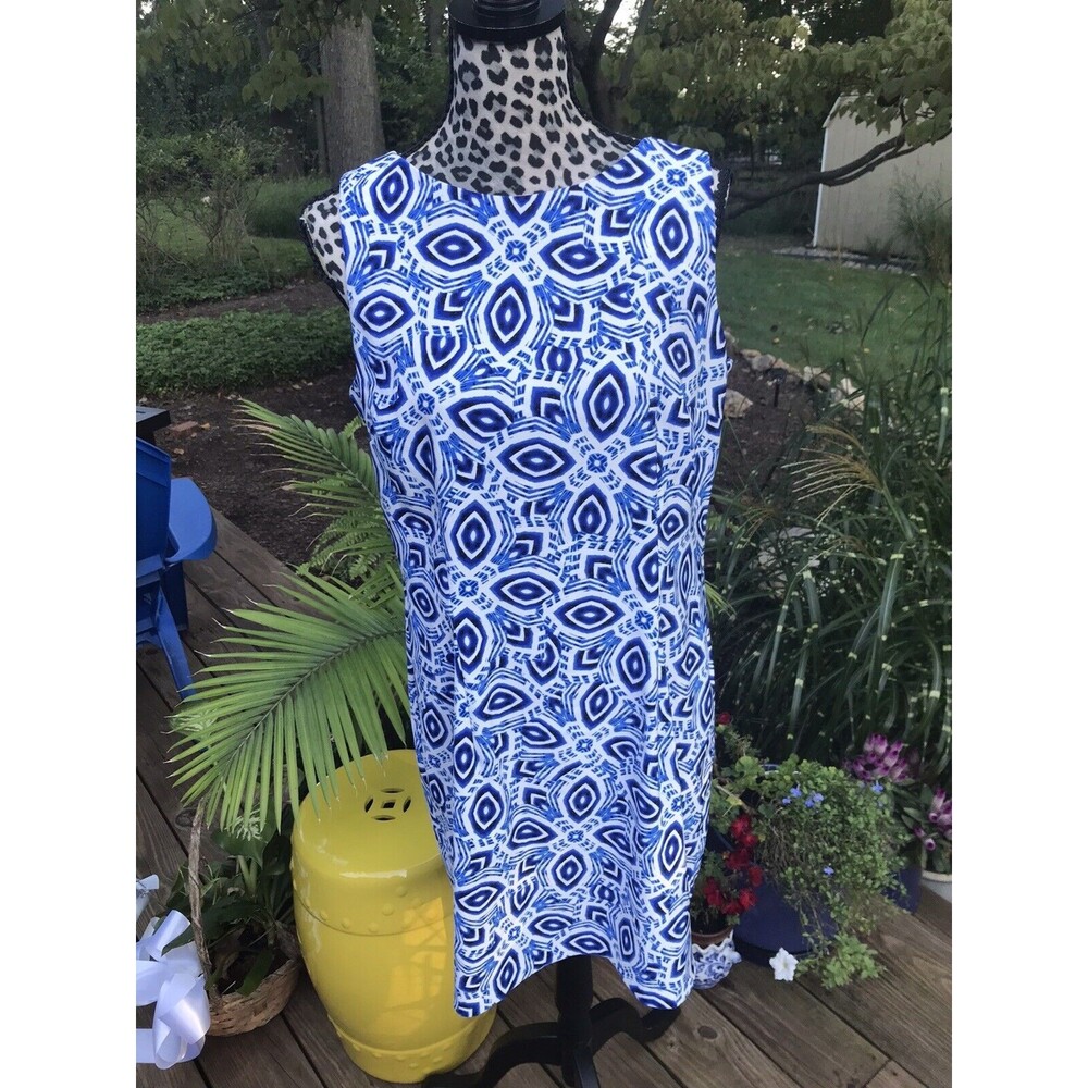 Alyx Dress blue/white Geometric sheath dress 14 Zip Back Polyester Spandex G2